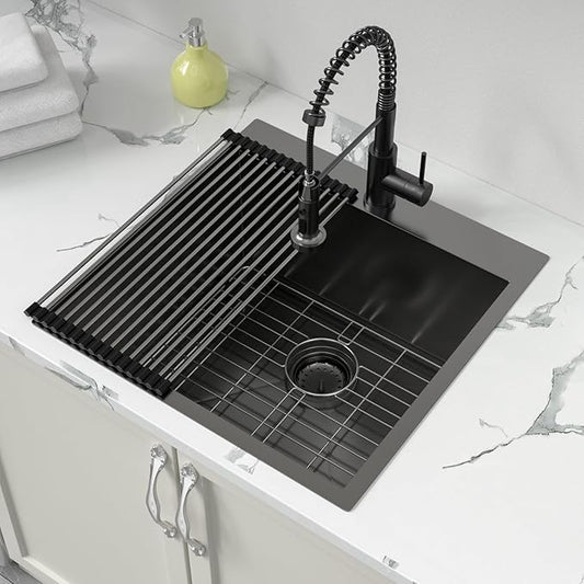 Sarlai Laundry Sink - Drop In 22"x22"x12" Deep Black Laundry Utility Sink Drop-in Topmount Single Bowl Sink 16 Gauge Stainless Steel Gunmetal Black Kitchen Laundry Room Sinks