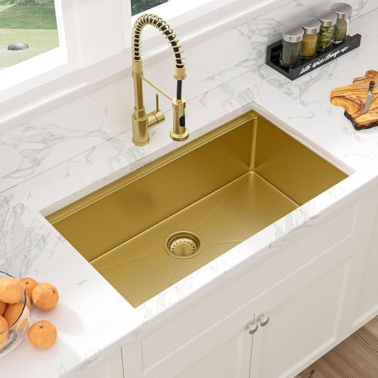 Sarlai 32 Gold Undermount Kitchen Sink - 32" x19" Kitchen Sink Ledge Workstation 16 Gauge Gold Stainless Steel Deep Single Bowl Under Counter Rectangular Sinks Basin