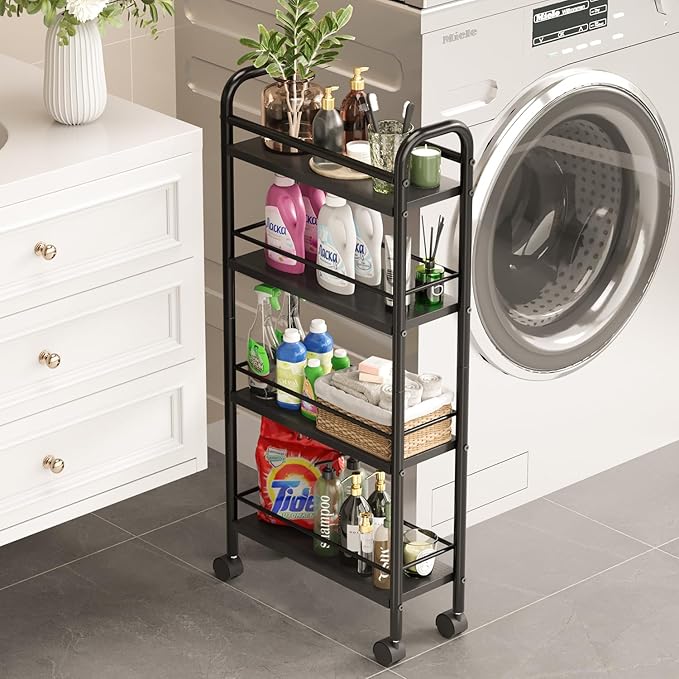 Asgolion Slim Storage Cart, 4-Tier Small Rolling Cart with Wheels, 5.9" Deep, Narrow Bathroom Shelf Trolley for Kitchen, Bathroom, Laundry Room, Black Standard 4-Tier (5.9" W x 33.6" H)