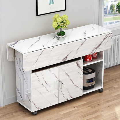 Kitchen Island with Drop Leaf, Rolling Island Cart Mobile Folding Dining Table with 4 Wheels and Shelf(White,L120cm/47in)