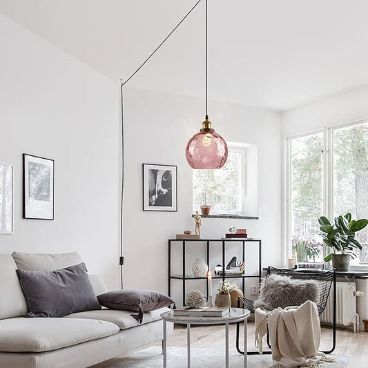 Pink Hanging Light Plug in 2 Pack, Hammered Glass Globe Hanging Ceiling Lamp Plug in, Mid Century Modern Pendant Lighting with Cord for Kitchen Island Sink Dining Room Girls Bedroom
