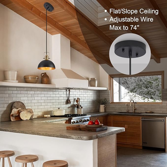 12 Inch Pendant Lights for Kitchen Island Matte Blacks Farmhouse Pendant Light fixtures Adjustable Height Dome Hanging Light for Dinning Room Bedroom Hallway,1 Pack