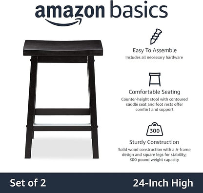 Amazon Basics Solid Wood Saddle-Seat Counter Height Bar Stools for Kitchen Island with Footrest, 24-Inch Height, Black, Set of 2