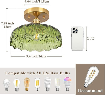 Flush Mount Ceiling Light,Green Hallway Lights Fixture Ceiling,9.4" Flower Light E26 Vintage Light Fixtures for Porch Corridor Bedroom