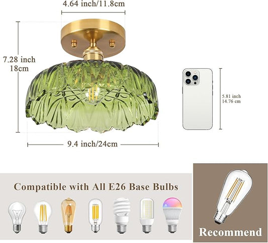 Flush Mount Ceiling Light,Green Hallway Lights Fixture Ceiling,9.4" Flower Light E26 Vintage Light Fixtures for Porch Corridor Bedroom
