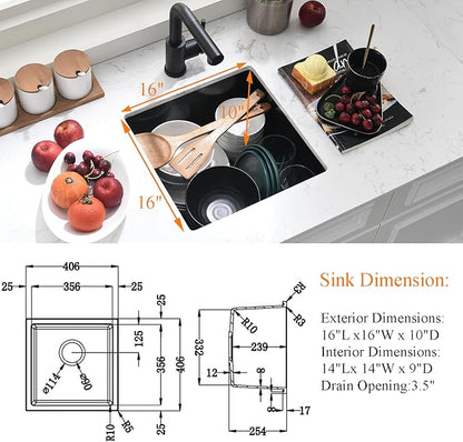 Black Bar Sink Undermount,16x16 Inch Small Wet Bar Sink Granite Composite Single Bowl Quartz Outdoor Rv Sink for Home Kitchen, Sink with Faucet Combo