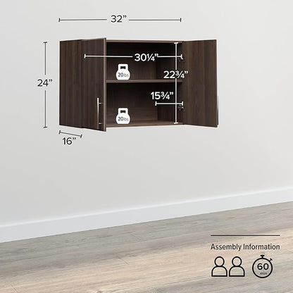 Prepac Brown Cabinet: Elite Wall Cabinet, EEW-3224 Garage Cabinet with Storage Shelf, Stackable 16"D x 32"W x 24"H, Perfect as a Garage Storage Cabinet with Doors and Shelves