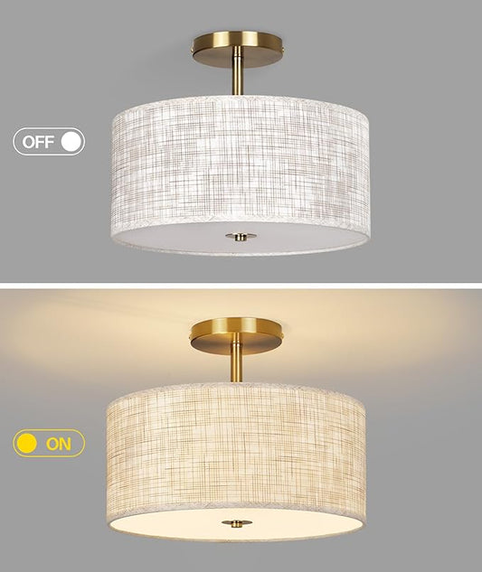 13" Semi Flush Mount Ceiling Light Fixture, Modern Drum Ceiling Light with Textured Linen Fabric Shade and Gold Base, 3-Light Farmhouse Lighting for Bedroom, Kitchen, Entryway, Living Room
