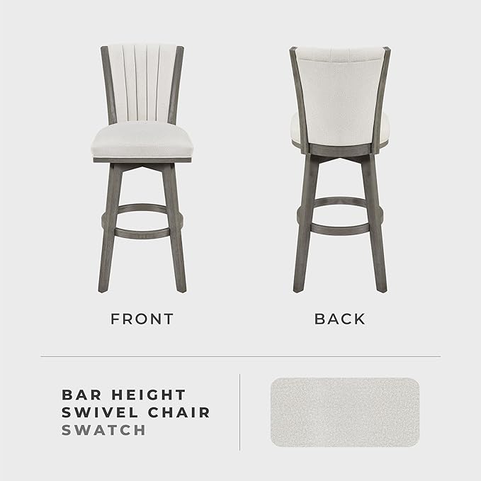 Lexicon Swivel Bar Stools Set of 2, Wood Frame Bar Height Stools with Footrest and Back, for Kitchen Island, Dining Room, 30.5" SH, Grey Finish and Thick Beige Velvet Cushion Seat