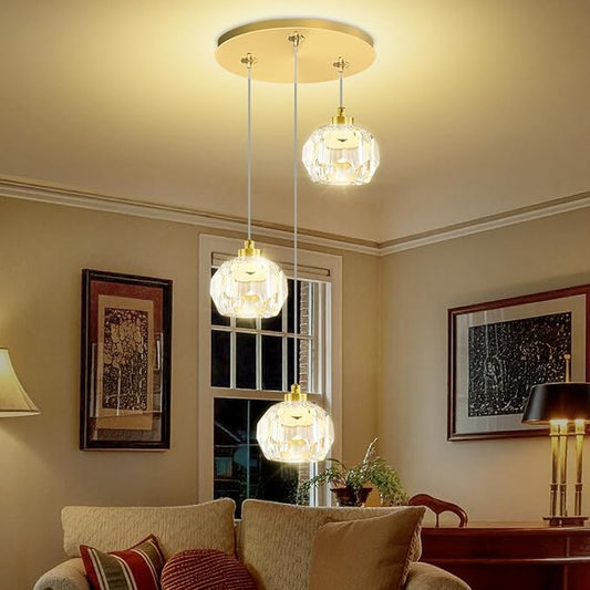 3-Light Dimmable LED Gold Pendant Light,Crystal Ball Chandelier for Dining Room Bedroom Pendant Light Kitchen Island 15W