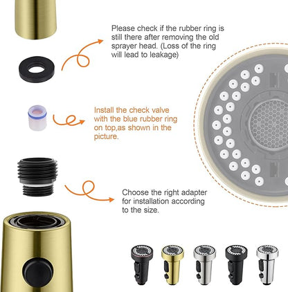 TIORIY Kitchen Faucet Head with 15 Adapters, High Pressure 3 Functions Pull Down Kitchen Spray Head Replacement, Pull Out Kitchen Sink Sprayer Nozzle, Brushed Gold, ABS