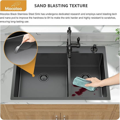 Mocoloo 33 Black Drop In Kitchen Sink 33x22 Inch Gunmetal Black Stainless Sink Double Bowl 60/40 Topmount 16 Gauge Kitchen Sink Handmade Basin