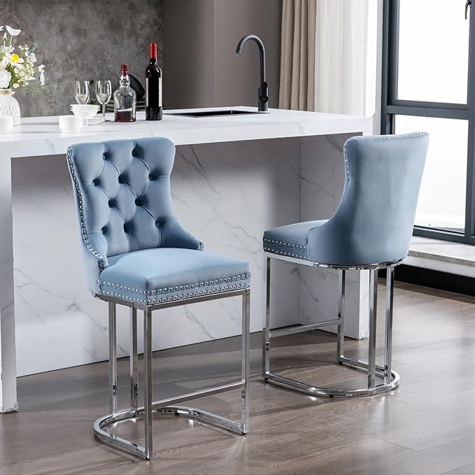 26" Counter Height Bar Stools Set of 2, Modern Velvet Barstools with Button Back&Rivet Trim Upholstered Kitchen Island Chairs with Sturdy Chromed Metal Base Legs,for Living Room
