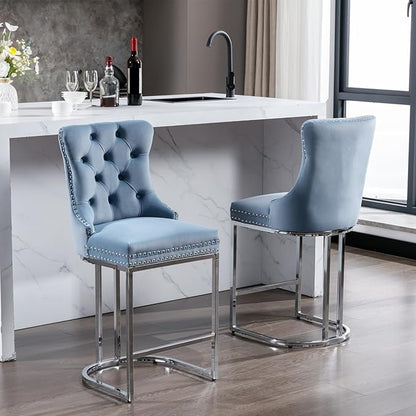 26" Counter Height Bar Stools Set of 2, Modern Velvet Barstools with Button Back&Rivet Trim Upholstered Kitchen Island Chairs with Sturdy Chromed Metal Base Legs,for Living Room