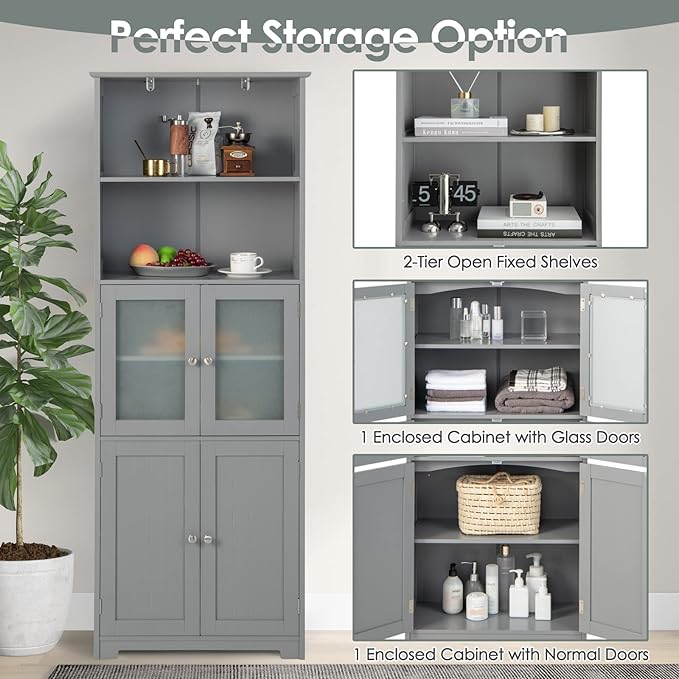Tangkula Tall Bathroom Storage Cabinet, Freestanding Floor Cabinet w/2 Glass Doors & 2 Open Shelves, 3-Position Adjustable Shelves, Anti-toppling Design, 64” Tall Pantry Cupboard for Kitchen