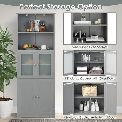 Tangkula Tall Bathroom Storage Cabinet, Freestanding Floor Cabinet w/2 Glass Doors & 2 Open Shelves, 3-Position Adjustable Shelves, Anti-toppling Design, 64” Tall Pantry Cupboard for Kitchen