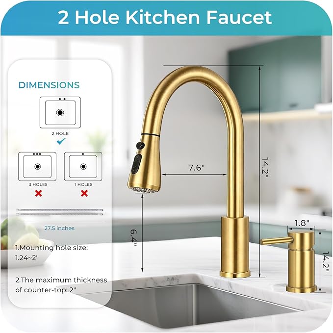 Pull Down Kitchen Faucet 2 Hole - Brushed Gold Single Handle Kitchen Faucets, High Arc Stainless Steel Pull Out Kitchen Sink Faucet for RV Laundry Farmhouse Bar