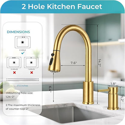 Pull Down Kitchen Faucet 2 Hole - Brushed Gold Single Handle Kitchen Faucets, High Arc Stainless Steel Pull Out Kitchen Sink Faucet for RV Laundry Farmhouse Bar