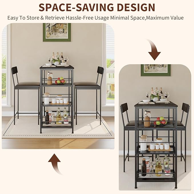 3-Piece Modern Dining Set, Dining Table Set with 2 Upholstered Bar Stools,Bar Table Set w/ Metal Frame&Built-in Wine Rack for Kitchen Dining Room Apartment Breakfast Nook 36"Lx 16.7"W x 37.2"H Black
