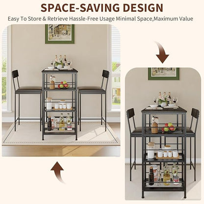 3-Piece Modern Dining Set, Dining Table Set with 2 Upholstered Bar Stools,Bar Table Set w/ Metal Frame&Built-in Wine Rack for Kitchen Dining Room Apartment Breakfast Nook 36"Lx 16.7"W x 37.2"H Black