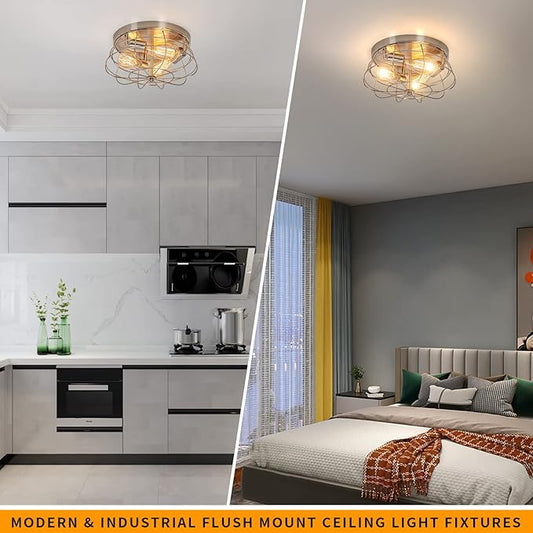 Flush Mount Ceiling Light Brushed Nickel Ceiling Light Fixture 3-Light Modern Flush Mount Ceiling Light Metal Cage Kitchen Ceiling Light Fixtures for Bedroom, Living Room, Hallway Foyer