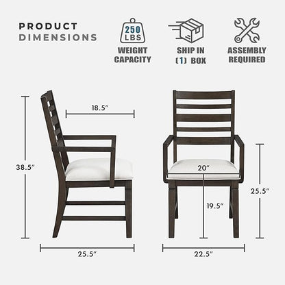 Lexicon Dining Arm Chairs Set of 2, Wood Frame and Beige Textured Fabric Upholstered Seat, Ladder Back, Accent Seating with Arms for Dining Room, Kitchen Table, Office, Easy Assembly, Dark Espresso