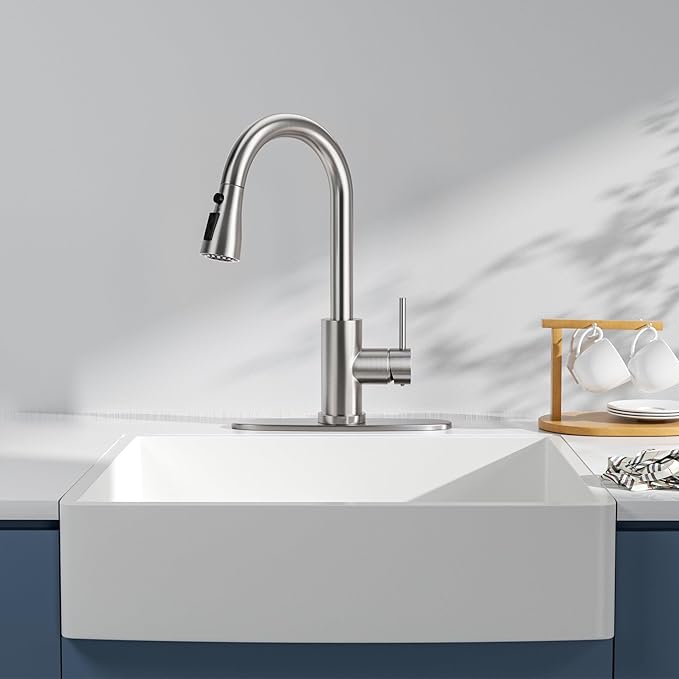 Kitchen Faucet with Pull-Down Spray Single Handle high arc Commercial Stainless Steel Brushed Nickel Kitchen Sink Faucet with Deck Suitable for bar Laundry RV Farmhouse (Brushed Nickel)
