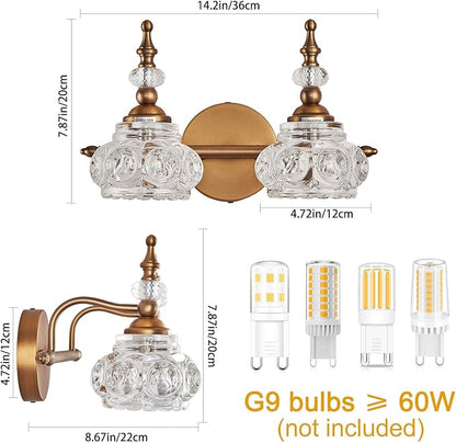 Bathroom Vanity Light Fixtures, 2-Light Vintage Crystal Bathroom Lighting, Matte Brushed Antique Brass Finish, Vintage Wall Sconce Light with Crystal Glass Shade