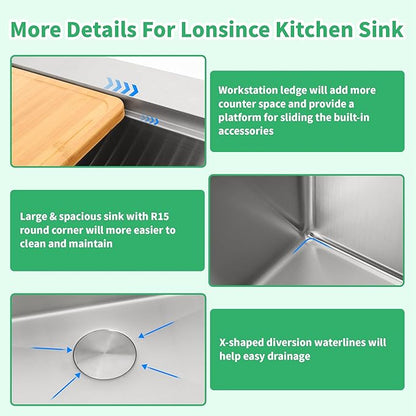 Drop In Kitchen Sink 33" X 22",Top Mount 16 Gauge Stainless Steel Workstation Sink,Deep & Large Single Bowl Kitchen Sinks