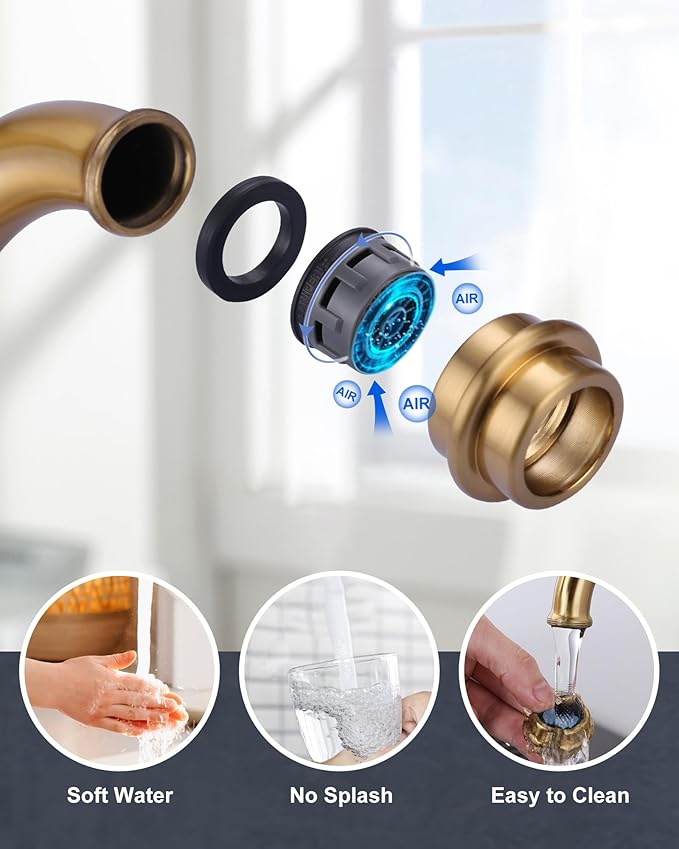 WOWOW Gold Bridge Kitchen Faucet 2 Hole Antique Brass Bridge Faucet 2 Handle 8 Inch Centerset Farmhouse Kitchen Sink Faucet 360° Swivel Vintage Tap