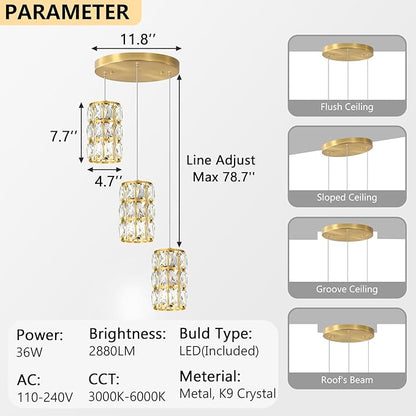 3-Lights Modern Crystal Pendant Lights for Kitchen Island LED Dimmable Glam Pendant Lighting Chandelier for Dining Room Hallway Corner Lamp Gold