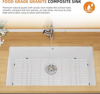 Quartz Kitchen Sink, 32 Inch White Undermount Kitchen Sinks, Deep Single Bowl Granite Composite Sink, Modern Sinks Providing Complete Accessories, Spacious Workspace and Easy Cleaning