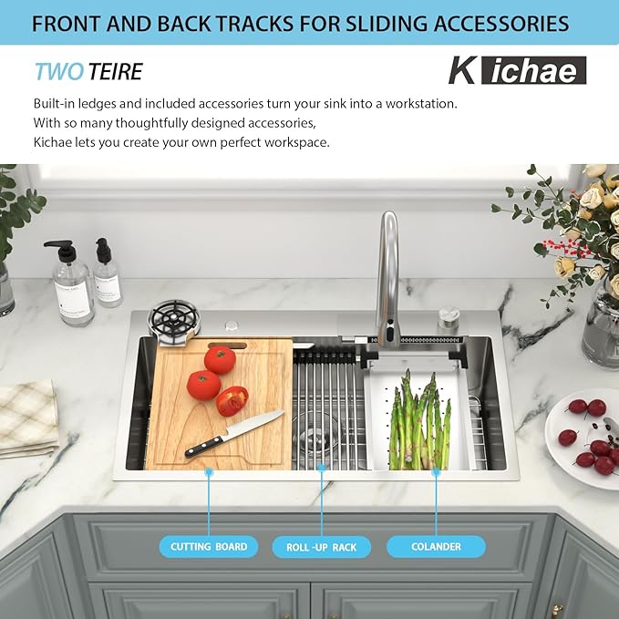 Kichae 33x19 Drop In Kitchen Sink Waterfall - Workstation Kitchen Sink Waterfall Stainless Steel 16 Gauge Luxury Handmade Single Bowl Sinks with Faucet Combo & Glass Rinser