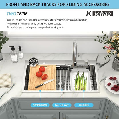 Kichae 33x19 Drop In Kitchen Sink Waterfall - Workstation Kitchen Sink Waterfall Stainless Steel 16 Gauge Luxury Handmade Single Bowl Sinks with Faucet Combo & Glass Rinser
