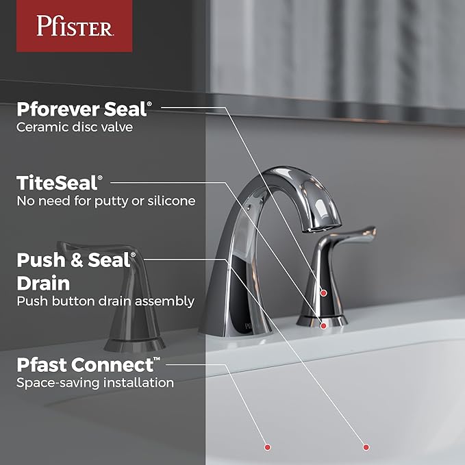 Pfister Willa Bathroom Sink Faucet 8 in Widespread 3 Hole 2 Handle Vanity Faucet NSF Certified Polished Chrome Finish with Push & Seal Drain and TiteSeal Technology LF049MALCC