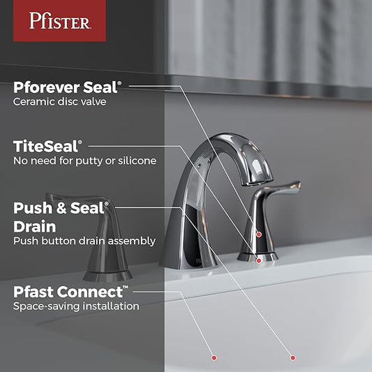 Pfister Willa Bathroom Sink Faucet 8 in Widespread 3 Hole 2 Handle Vanity Faucet NSF Certified Polished Chrome Finish with Push & Seal Drain and TiteSeal Technology LF049MALCC