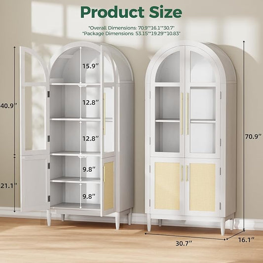 71” Tall Arched Kitchen Pantry Cabinet, 5-Tier Modern Farmhouse Flute Pantry with Adjustable Shelves, Kitchen Storage Cabinet for Kitchen, Dining Room, Living Room, White