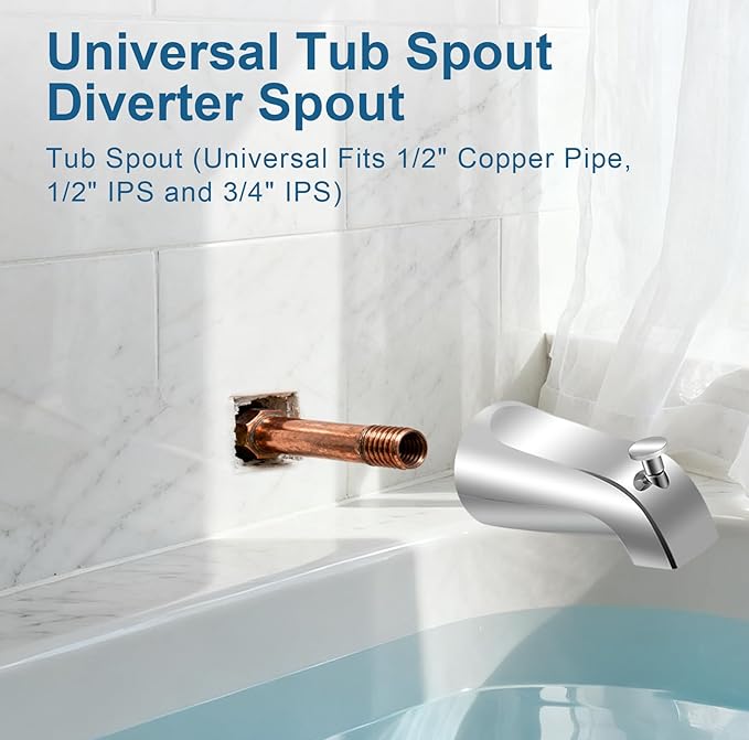 Universal Tub Spout for 1/2" Copper Pipe, 1/2" IPS and 3/4" IPS, Bathtub Spout with Diverter and Adapter and Hex Wrench (Chrome)