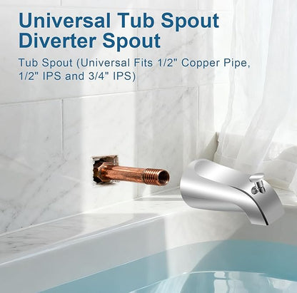 Universal Tub Spout for 1/2" Copper Pipe, 1/2" IPS and 3/4" IPS, Bathtub Spout with Diverter and Adapter and Hex Wrench (Chrome)