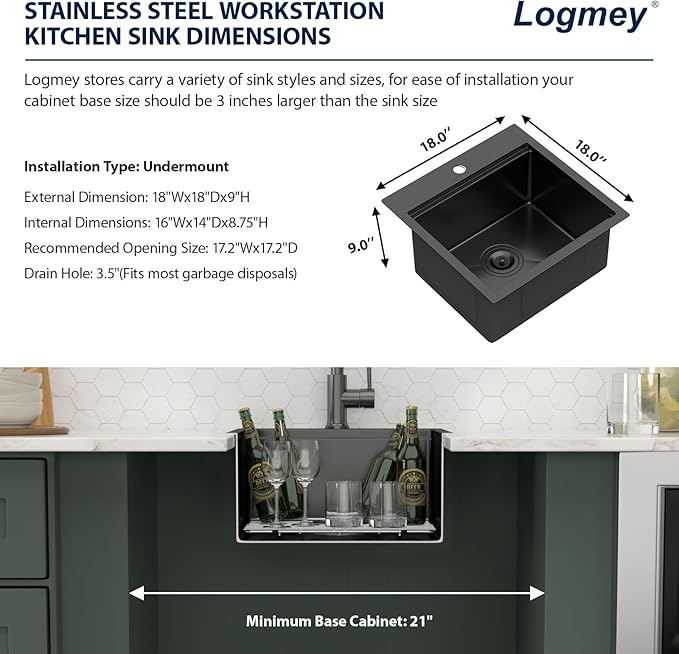 Logmey 18" Square Drop in Bar Sink,PVD Nano Gun Black 16 Gauge Stainless Steel,18x18x9 All in One Workstation Sink for Kitchen Prep,RV,Wet Bar & Outdoor
