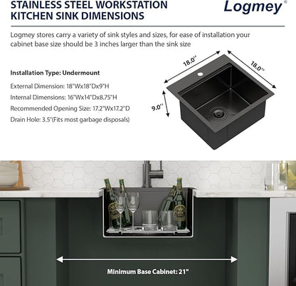 Logmey 18" Square Drop in Bar Sink,PVD Nano Gun Black 16 Gauge Stainless Steel,18x18x9 All in One Workstation Sink for Kitchen Prep,RV,Wet Bar & Outdoor