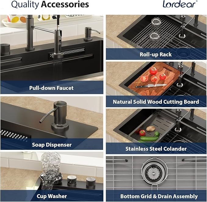 Lordear 30 Drop In Kitchen Sink with Faucet 30x22 Inch Black Waterfall Kitchen Sinks Topmount Stainless Steel 16 Gauge Single Bowl Workstation Kitchen Sink With Faucet Combo