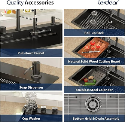 Lordear 30 Drop In Kitchen Sink with Faucet 30x22 Inch Black Waterfall Kitchen Sinks Topmount Stainless Steel 16 Gauge Single Bowl Workstation Kitchen Sink With Faucet Combo
