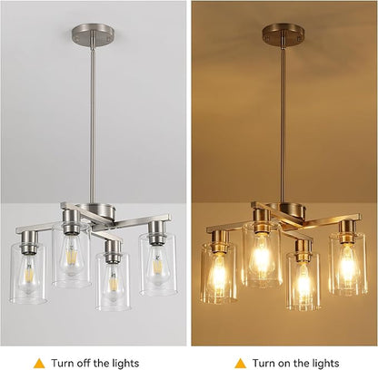 4-Light Modern Farmhouse Brushed Nickel Chandelier, Dining Room Light Fixture Over Table Adjustable Height Hanging Industrial Pendant Lights Kitchen Island, Clear Glass Shade