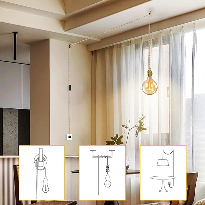 2Pack Gold Plug in Pendant Light Cord 16.4ft Hanging Lights Fixtures with Plug in Cord Rope Pendant Lamp Kit with Switch Vintage E26 DIY for Bedroom Living Room, Bulb Not Included