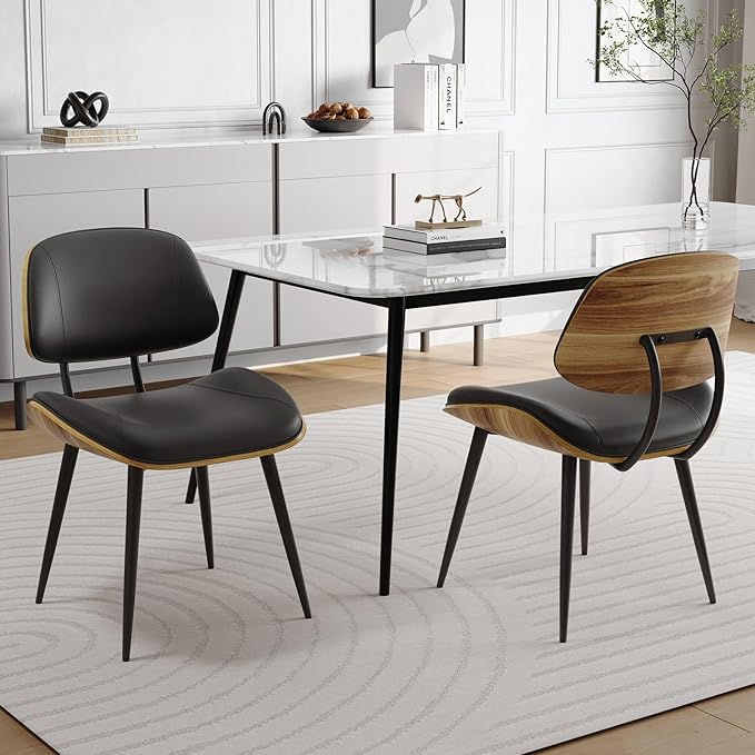 Mid Century Modern Dining Chairs Set of 6, PU Leather Armless Kitchen Chairs with Walnut Bentwood Back & Metal Legs, Sturdy Retro Accent Chairs for Dining Room, Living Room, Black