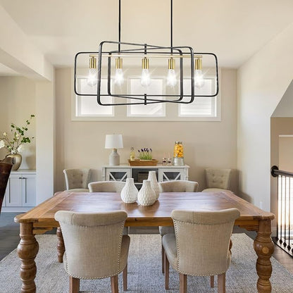 WJShome Farmhouse Chandelier, 5-Light Dining Room Light Fixture Over Table, Hanging Pendant Lights Kitchen Island Linear Chandelier, Black and Gold Rustic Chandeliers for Dining Room