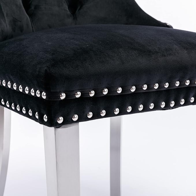 Ball & Cast Contemporary Upholstered Dining Chairs Set of 2, Velvet Button Tufted Kitchen Side-Chairs with Hang Ring & Nailhead Trims & Chrome Solid Wood Legs, 2-Piece Traditional Chair, Chrome+Black