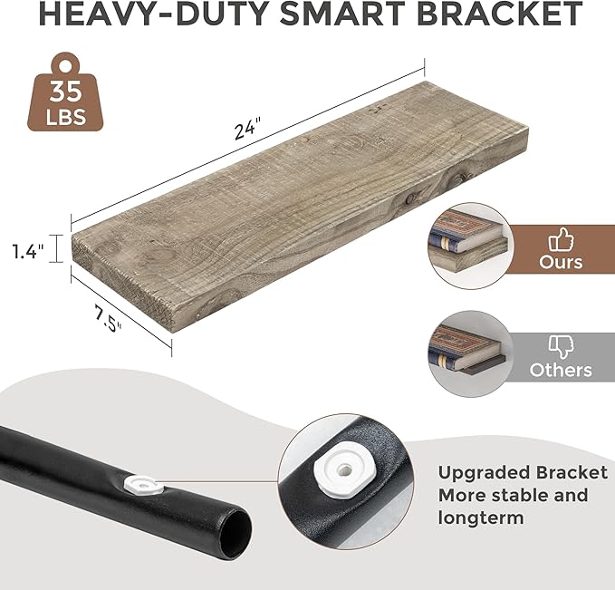 Dreamland Floating Shelves for Wall, Solid Rustic Reclaimed Wood Shelf 7.5 Inch Deep for Storage, Wall Mounted Display Shelving with Invisible Heavy-Duty Metal Bracket, 24 Inch Width Set of 2, Grey