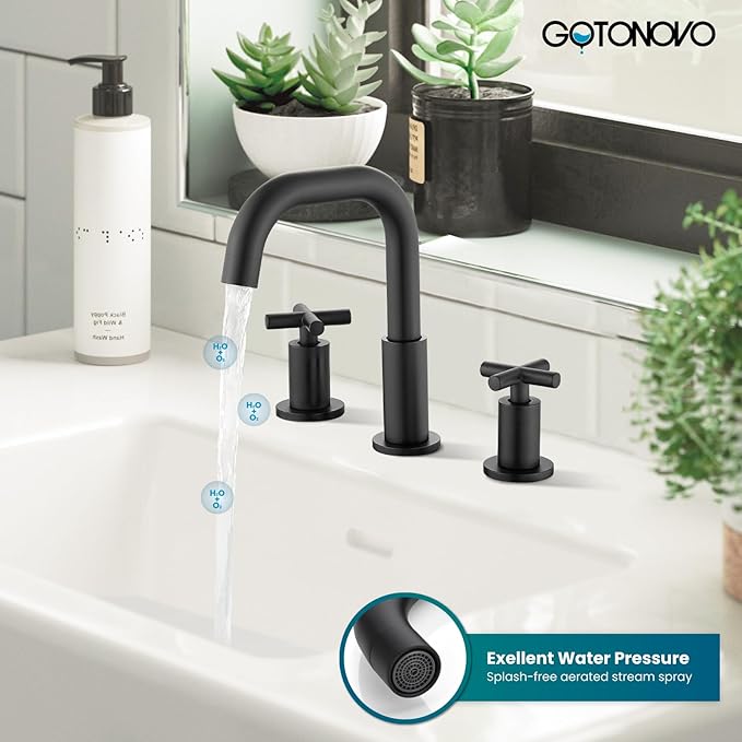 gotonovo 8 inch Widespread 3 Hole Bathroom Sink Faucet,2 Cross Handle Vanity Faucet Deck Mount Basin for Bathroom Sink 360° Swivel Spout with Pop Up Drain Matte Black